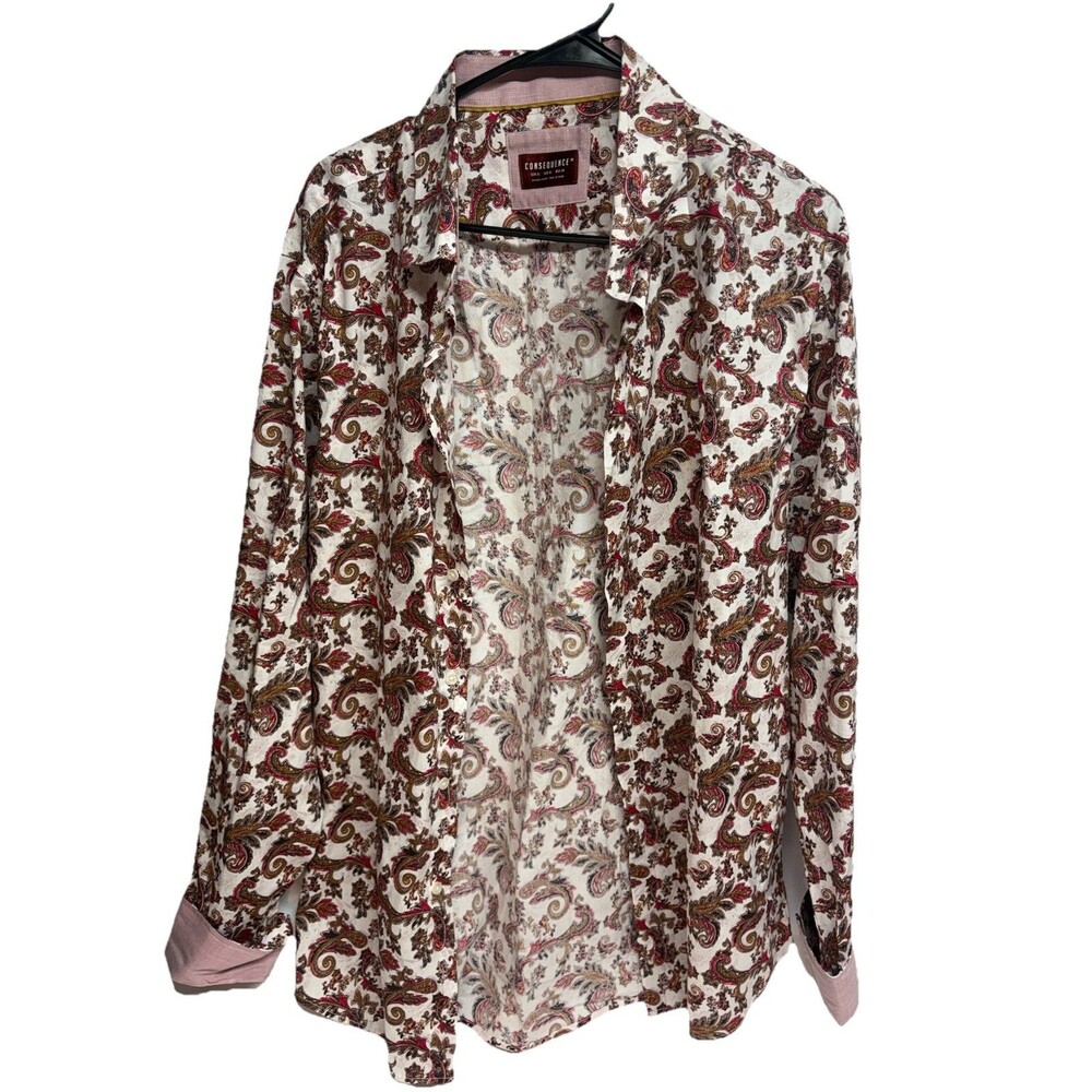 Consequence Men’s XL Button Down Shirt White Red Paisley Cotton Tailored Fit